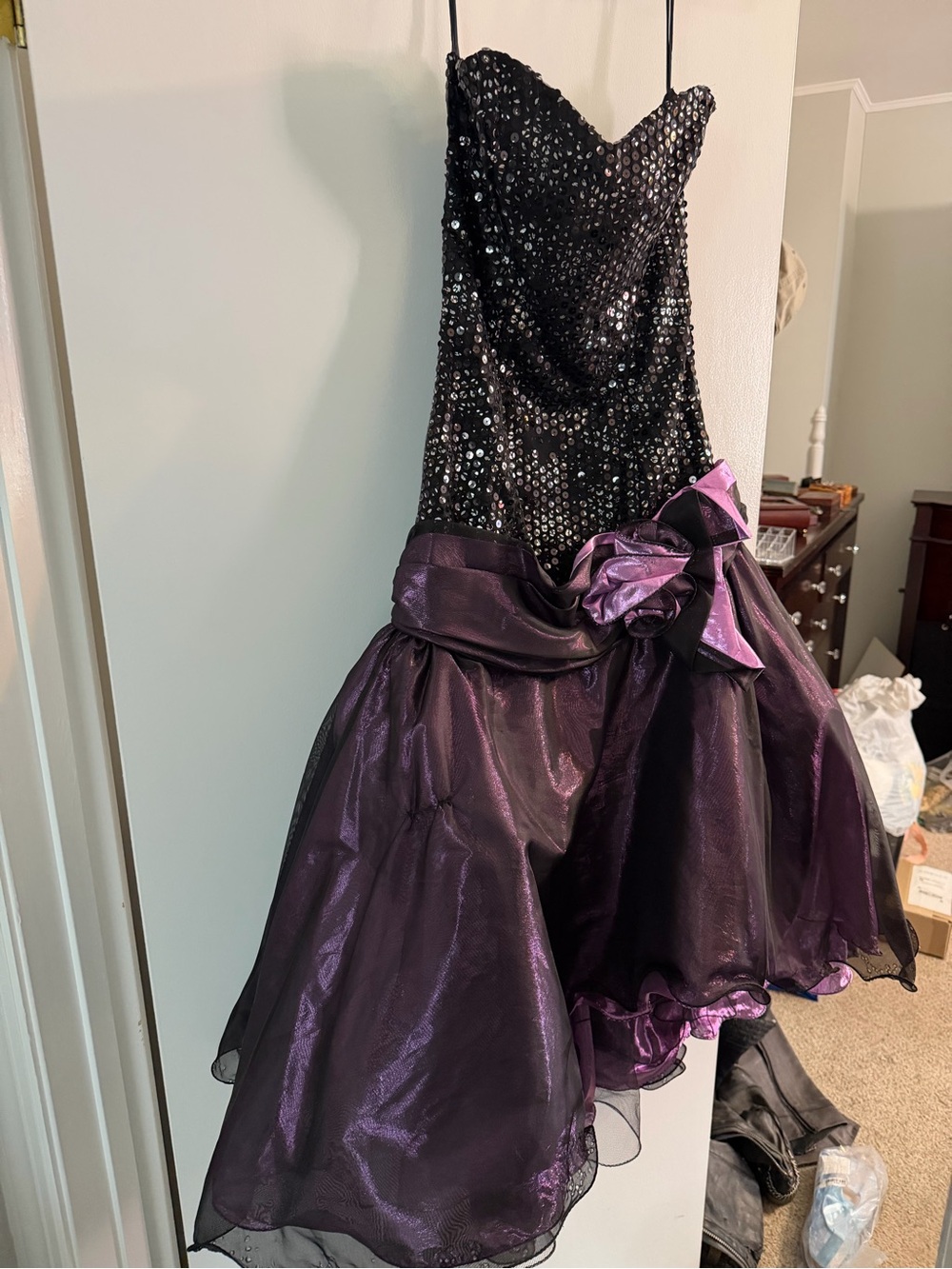 80’s asymmetrical hem,Strapless Sequined Bodice Purple Taffeta Party Dress